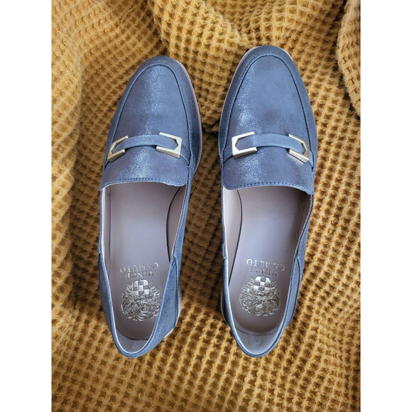 Vince Camuto Cakella Grey Metallic Buckle Flat Shimmer Shine Loafers NWOB Size 8 - Picture 2 of 6